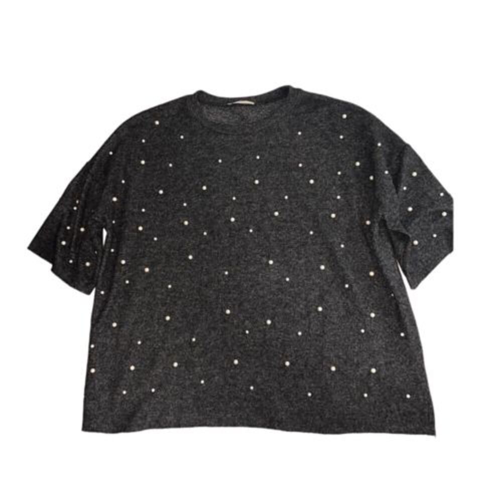 Zara Trafaluc Gray Short‎ Sleeve Sweater w/Pearl Detail Size M